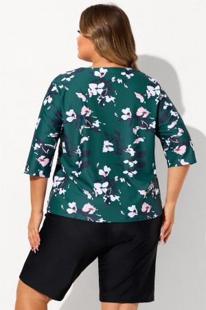 Green Floral Print V Neck Half Sleeve Plus Size Tankini Set
