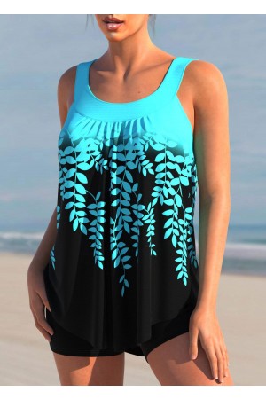 Cyan Leaf Print Ombre Color Block Tankini set