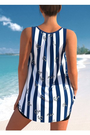 Striped Navy Blue Bowknot Plus Size Tankini Set