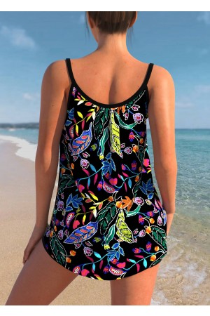 Plus Size Leaf Print Black Tankini Set