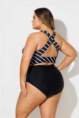BLACK STRIPED SCOOP NECK WIDE STRAPS CROSS BACK Plus Size BIKINI SET