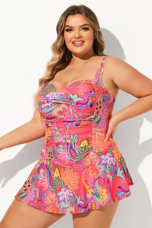 Red Floral Print Sweetheart Neck Adjustable Strap Plus Size Swimdress