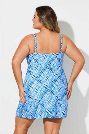 Blue Water Striped Scoop Neck Plus Size Swimdress