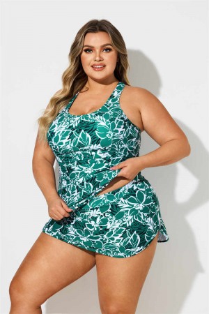 Green Flowers Print Scoop Neck Plus Size Swimdress
