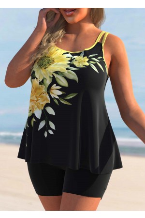 Sunflower Print Plus Size Yellow Tankini Set