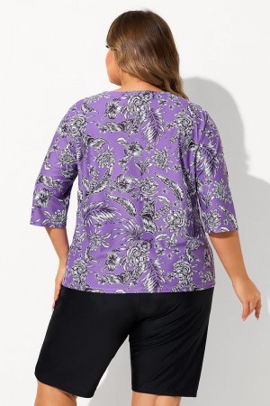 Purple Tropical Floral Print V Neck Half Sleeve Plus Size Tankini Set
