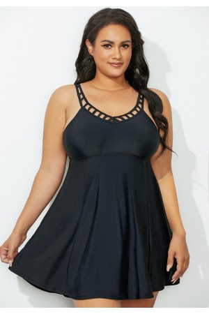 Solid Black Lattice Neck Swimdress