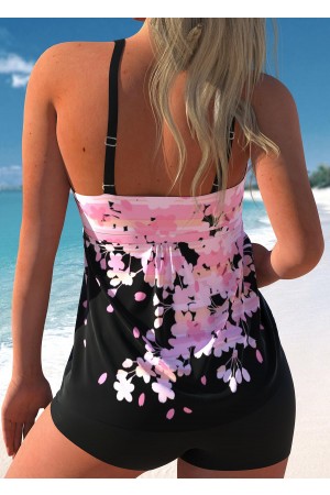 Floral Print Wide Strap Pink Tankini Set