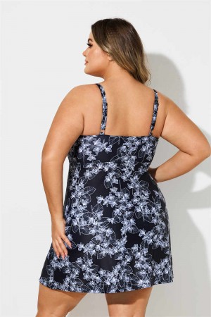 Black And White Flowers Print Scoop Neck Plus Size Swimdress