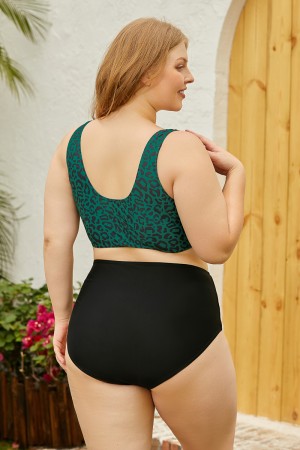 Green Square Neck Wide Straps Bikini Top And Black HighWaist Bottom