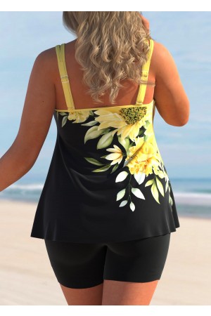 Sunflower Print Plus Size Yellow Tankini Set