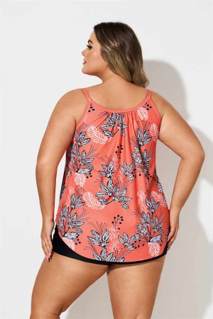 Plus Size Plants Print Coral Red Tankini Set