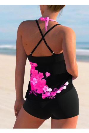 Cross Strap Floral Print Halter Tankini Set