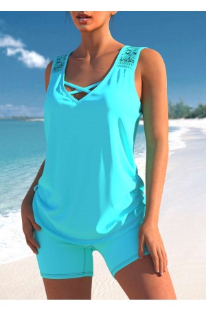 Lace Patchwork Cross Strap Cyan Tankini Set