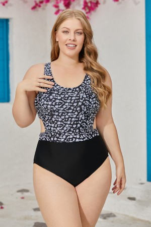 Black Floral Print Scoop Neck OnePiece Swimsuit
