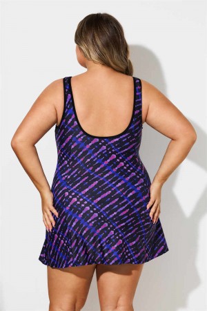 Purple And Blue Striped Scoop Neck Plus Size Swimdress