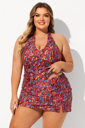Red Floral Print Halter Strap Twisted Front Plus Size Tankini Set