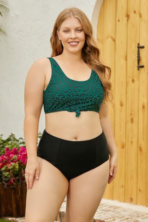 Green Square Neck Wide Straps Bikini Top And Black HighWaist Bottom