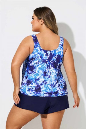 Tie Dye Print Side Tie Women Plus Size Tankini Set