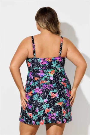 Colorful Flowers Dot Print Scoop Neck Plus Size Swimdress