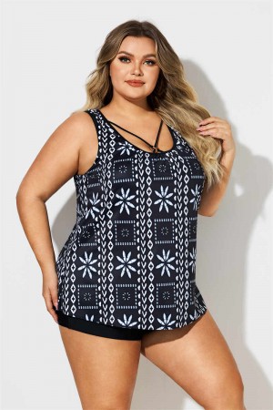 Geometric Print Wide Strap Black Plus Size Tankini Set