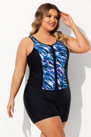 Blue Zipper Front V Neck Thick Strap Plus Size Tankini Set