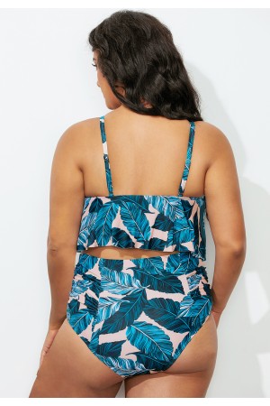 Leaf Print Strappy Neck Flounce Overlay Bikini Set