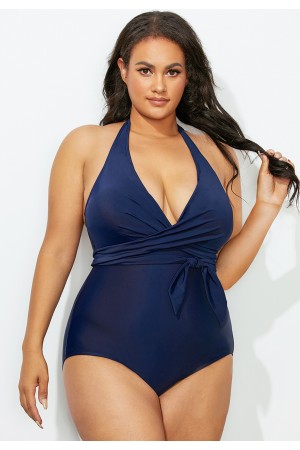 Navy Wrap Halter OnePiece Swimsuit