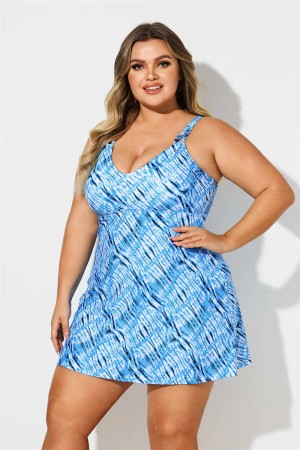 Blue Water Striped Scoop Neck Plus Size Swimdress