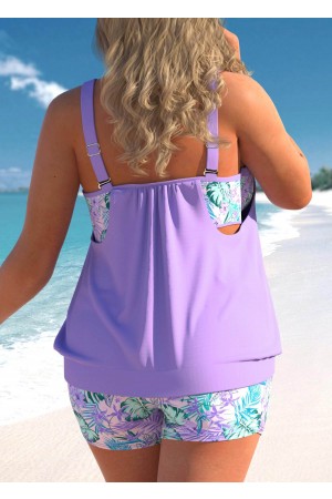 Plus Size Floral Print Light Purple Tankini Set