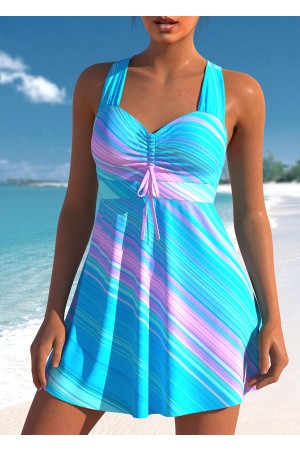 Cross Strap Striped Cyan Swimdress