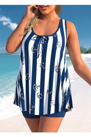 Striped Navy Blue Bowknot Plus Size Tankini Set