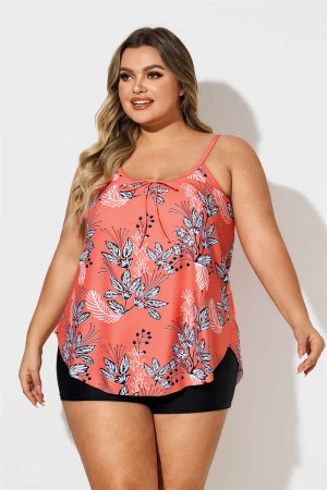 Plus Size Plants Print Coral Red Tankini Set