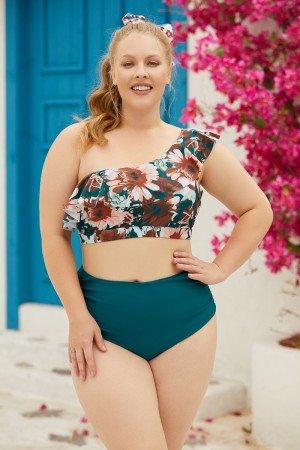 Green Floral Ruffled OneShoulder Bikini Top And HighWaist Ruching Bottom