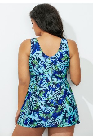 Blue Leaf Print VNeck Swimdress