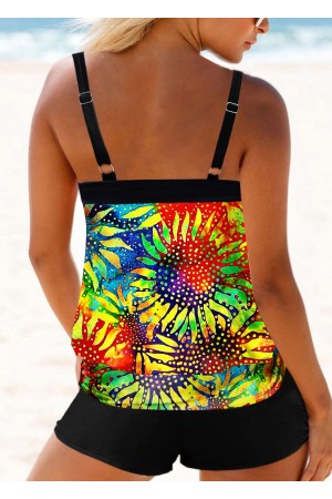 Sunflower and Tie Dye Print Multi Color Tankini