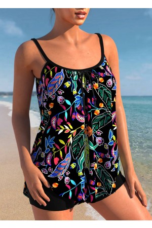 Plus Size Leaf Print Black Tankini Set