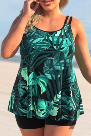 Plus Size Tropical Print Green Tankini Set