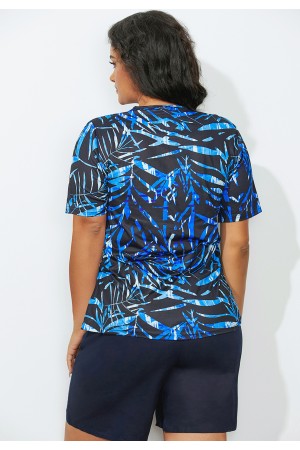 Blue Leaves Print Swim Tee With Short