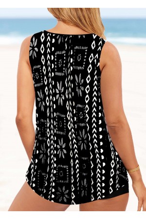 Black Geometric Print Wide Strap Tankini Set