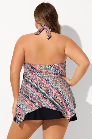 Red Geometric Print Halter Strap V Neck Hanky Hem Plus Size Swimdress