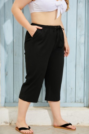Black Elastic Waistband Pockets Drawstring Long Trousers