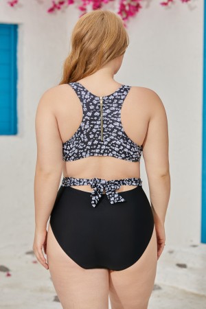 Black Floral Print Scoop Neck OnePiece Swimsuit