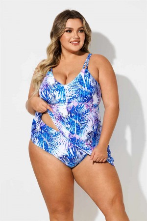 Colorful Plants Print Scoop Neck Double Straps Plus Size Swimdress