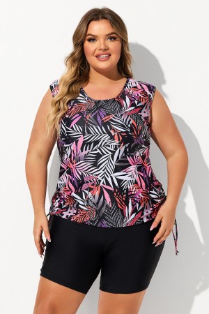 Red Leaf Print Scoop Neck Thick Strap Plus Size Tankini Set