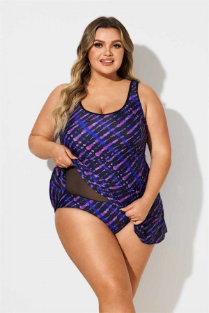 Purple And Blue Striped Scoop Neck Plus Size Swimdress