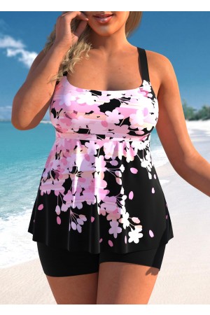 Floral Print Wide Strap Pink Tankini Set