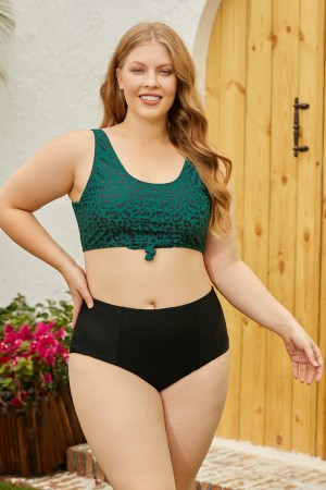 Green Square Neck Wide Straps Bikini Top And Black HighWaist Bottom