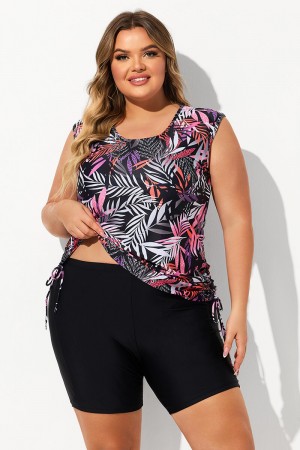 Red Leaf Print Scoop Neck Thick Strap Plus Size Tankini Set