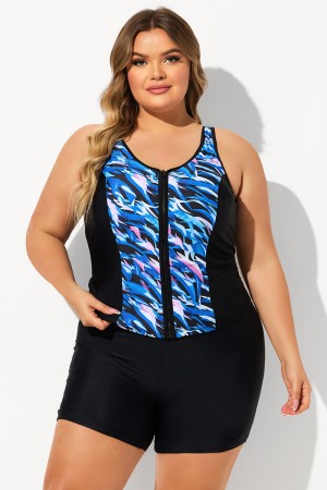 Blue Zipper Front V Neck Thick Strap Plus Size Tankini Set